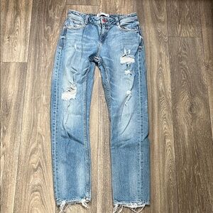 Zara Light Blue Distressed Straight Leg Jeans